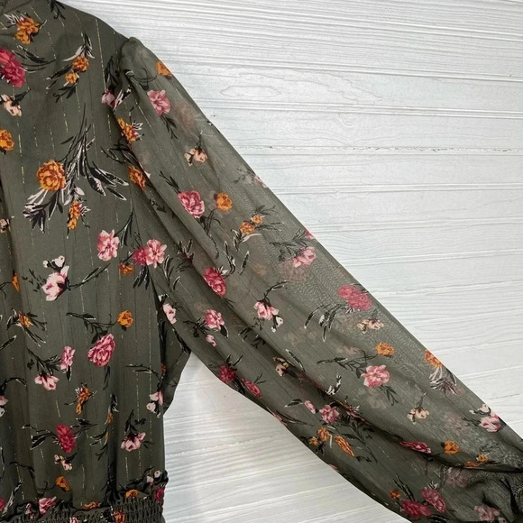 DREW Anthro Green Floral Print Dress Gold Stripes Long Sleeves Smocked Size L - Picture 8 of 16